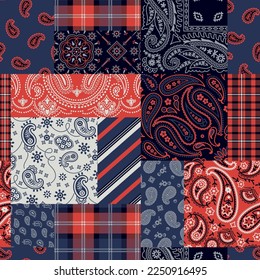 Bandana paisley and tartan plaid fabric patchwork abstract vector seamless pattern