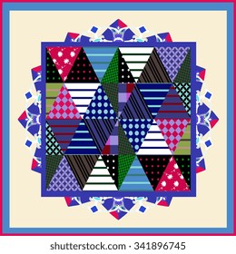 Bandana with patchwork pattern. Abstract geometric silk neck scarf. Kerchief square pattern design style for print on fabric. Vector illustration.