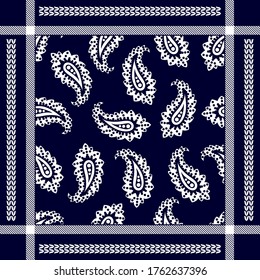 Patrón de Bandana inspirado en el arte indio. Patrón floreciente enmarcado con elementos paisley. Colección textil de moda masculina. Blanco sobre fondo azul oscuro.