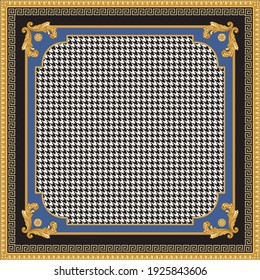 Bandana, pocket square range print on a black and white chicken feet pied-de-poule pattern background, with blue and golden frames, Gold cables, Meanders, Greek egg  frieze, Baroque scrolls  svg