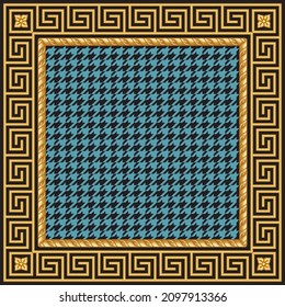 Bandana, pocket square range print on a turquoise and black chicken feet pattern background, with Greek golden Meander frieze, cable frame with flower gold décor. 2 pattern brushes in the brush palett