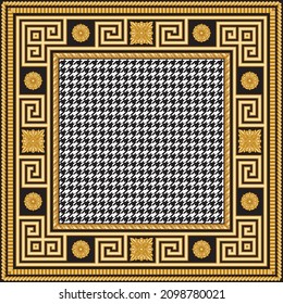 Bandana, pocket square range print on a black and white chicken feet pattern background, with Greek golden Meander frieze, cable frame and flower gold décor. 4 pattern brushes in the brush palette