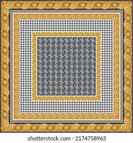 Bandana, pocket square range print on a black and white chicken feet pattern background, with Greek meander and golden frames. 4 gold border pattern brushes in the brush palette