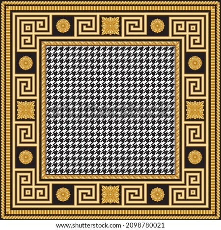 Bandana, pocket square range print on a black and white chicken feet pattern background, with Greek golden Meander frieze, cable frame and flower gold décor. 4 pattern brushes in the brush palette Foto stock © 