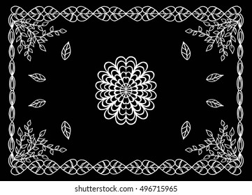 Bandana print with abstract flower and leaf ornament, floral pattern, design for pillow, carpet, rug. Design for silk neck scarf