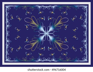 Bandana print with abstract flower and leaf ornament, floral pattern, design for pillow, carpet, rug. Design for silk neck scarf