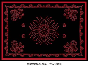Bandana print with abstract flower and leaf ornament, floral pattern, design for pillow, carpet, rug. Design for silk neck scarf