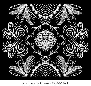 Bandana print with abstract flower and leaf ornament, floral pattern, design for pillow, carpet, rug. Design for silk neck scarf