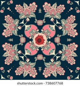 Bandana print with abstract flowers in ethnic style. Beautiful vector illustration.