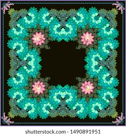 Bandana print, carpet or napkin with emerald floral ornament, paisley frame and gentle rose flowers on black background. Ethnic style. Indian, russian, turkish motifs.