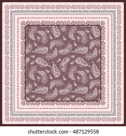 Bandana print with design for silk neck scarf. Feathers and Paisley patterns.Pink warm colors.Traditional ethnic pattern Paisley. Print in 4 colors for textiles, fabrics, home design.