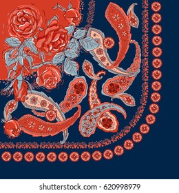 Bandana print with design for silk neck scarf. Paisley and roses on a dark blue background. Floral vector pattern. Template for printing onto fabric, wrapping paper, textiles. Limited palette 