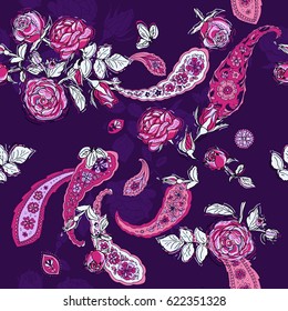 Bandana print with design for silk neck scarf. Paisley and roses. Floral vector pattern. Template for printing onto fabric, wrapping paper, textiles. Limited palette 