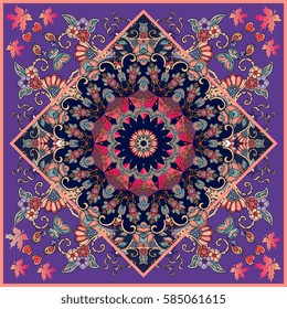 Bandana print with flower - mandala on ornamental violet background. Beautiful vector illustration. Unique carpet.