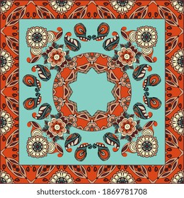 Bandana print with flowers and paisley on light blue background, and ornamental border. Square cushion, scarf, shawl. Vector design.