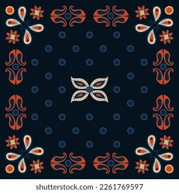 Bandana print, handkerchief, paisley ornament. Dark background. Seamless geometric pattern, red, black colors. Hand drawn, vector