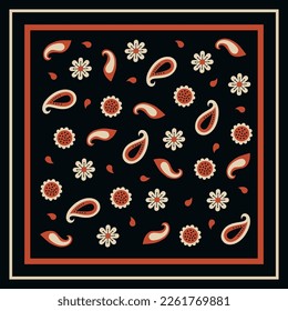 Bandana print, handkerchief, paisley ornament. Dark background. Seamless geometric pattern, red, black colors. Hand drawn, vector