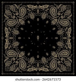 Bandana Print. Hops Rabbit space Uranus bandana. paisley seamless pattern. flowers, hops, rice, star. Black and gold colors pattern template. Silk neck scarf or kerchief square pattern design.