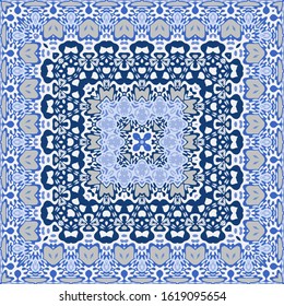 Bandana print, kerchief design, napkin. Abstract seamless pattern in blue. Square carpet design.