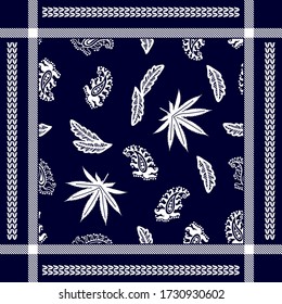 Bandana print with leaves. Abstract framed pattern with paisley elements. Man fashion textile collection. White on dark blue background.