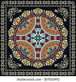 Bandana Print with Mandala ornament, silk neck scarf or kerchief square pattern design style for print on fabric, abstract geometric background.