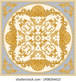 Bandana print on a beige and blue background, Gold chains and cables, Greek beads frieze, Baroque scrolls and pearl oyster shell. Scarf, neckerchief, kerchief, carpet, rug, mat