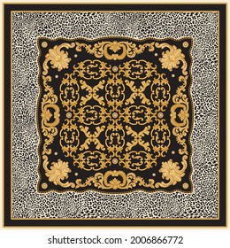 Bandana print on black and beige leopard skin background, Gold chains and cables frieze, Baroque scrolls and pearl jewelry cabochon gem stones. Scarf, neckerchief, kerchief, carpet, rug, mat