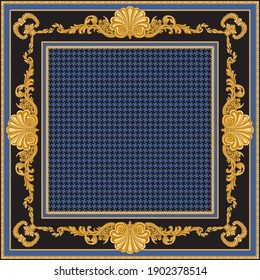 Bandana print on a black and blue chicken feet pied-de-poule pattern background, Gold cables, Greek beads frieze, Baroque scrolls. Scarf, neckerchief, kerchief, carpet, rug, mat. 2 pattern brushes 