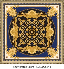 Bandana print on black and blue background, Gold chains and cables, Greek meander frieze, Baroque scrolls, Rococo sea shells and sapphire jewelry gem stones. Scarf, neckerchief, kerchief, carpet, rug