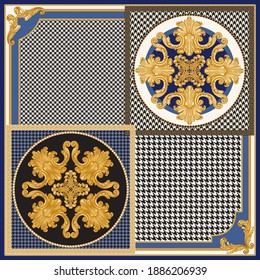 Bandana print on a black and white chicken feet and hounds tooth pattern beige background, Gold chains, Baroque scrolls. Scarf, neckerchief, kerchief, silk textile patch, carpet, rug, mat