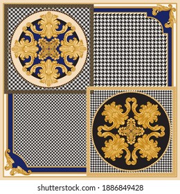 Bandana print on a black and white chicken feet pied-de-poule pattern beige background, Gold chains, Baroque scrolls. Scarf, neckerchief, kerchief, silk textile patch, carpet, rug, mat