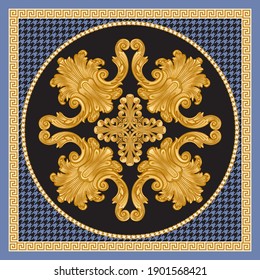 Bandana print on a blue and white chicken feet pied-de-poule pattern background, Gold chain, Greek meander frieze, Baroque scrolls. Scarf, neckerchief, kerchief, carpet, rug, mat