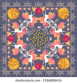 Bandana print with ornamental lace border and cute magical unicorns in autumn forest in vector. Vintage style.