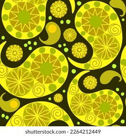 Bandana print, paisley ethnic ornament. Abstract trendy black background. Seamless  pattern, green, yellow colors. Hand drawn, vector