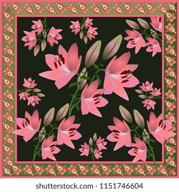 Bandana print or pocket design with pink lily flowers on black background and paisley border in ethnic style in vector. Indian motives.