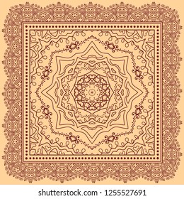 Bandana Print, silk neck scarf or kerchief square pattern design style for print on fabric. Hand drawn sketch Mandala, vector monochrome illustration