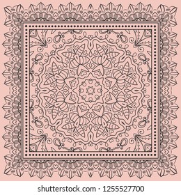 Bandana Print, silk neck scarf or kerchief square pattern design style for print on fabric. Hand drawn sketch Mandala, vector monochrome illustration