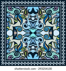 Bandana Print, silk neck scarf or kerchief square pattern design style for print on fabric, vector illustration.