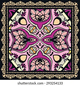 Bandana Print, silk neck scarf or kerchief square pattern design style for print on fabric, vector illustration.