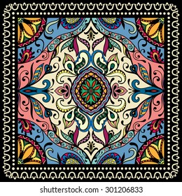 Bandana Print, silk neck scarf or kerchief square pattern design style for print on fabric, vector illustration.