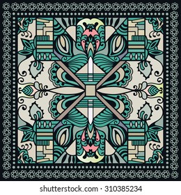 Bandana Print, silk neck scarf or kerchief square pattern design style for print on fabric, vector illustration. Abstracy geometric background