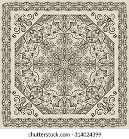 Bandana Print, silk neck scarf or kerchief square pattern design style for print on fabric, vector Mandala illustration.