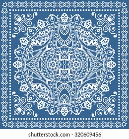 Bandana Print, silk neck scarf or kerchief square pattern design style for print on fabric, abstract Mandala round lace ornament vector illustration