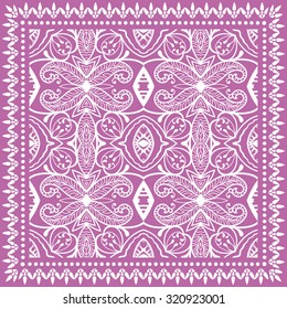 Bandana Print, silk neck scarf or kerchief square pattern design style for print on fabric, abstract tribal ethnic lace ornament vector illustration