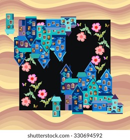 Bandana print or silk neck scarf. Kerchief square pattern. Card with town in desert - blue houses and pink flowers on sand background. Vector illustration.