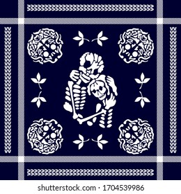 Bandana print with skeletons. Abstract framed pattern with paisley elements. Man fashion textile collection. White on dark blue background.