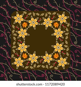 Bandana print with stylized yellow flowers in russian style. Vector illustration.