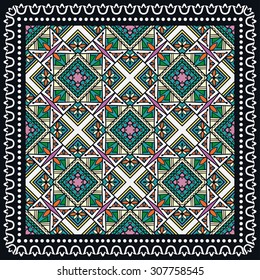 Bandana Print with tribal ethnic ornament, silk neck scarf or kerchief square pattern design style for print on fabric, abstract geometric background.