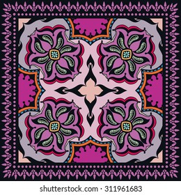 Bandana Print with tribal ethnic ornament, silk neck scarf or kerchief square pattern design style for print on fabric, abstract geometric background.