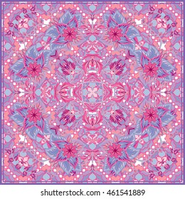 Bandana Print with tribal ethnic ornament, silk neck scarf or kerchief square pattern design style for print on fabric, abstract floral background. Delicate lilac fantasy flower on pink background.